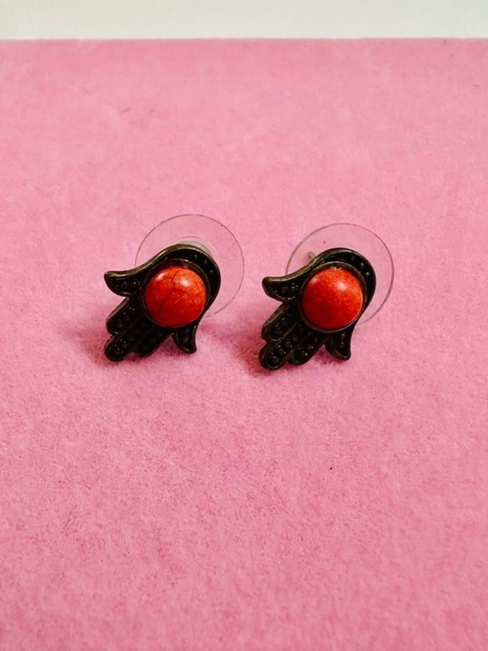 Red Stone Hamsa Hand Stud Earrings